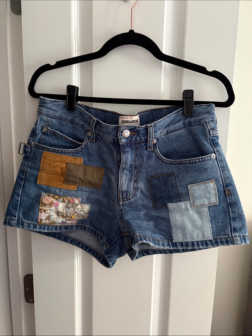 Zadig & Voltaire Patchwork Blue Denim Shorts with Mixed Fabric Accents (Size 38)